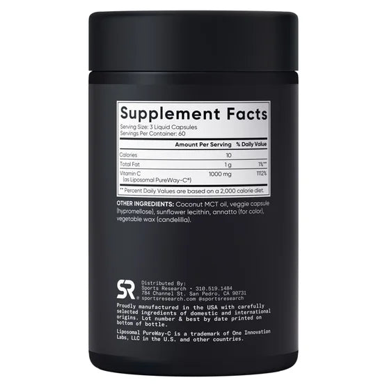 Sports Research Liposomal Vitamin C 1000mg  – 180ct Liquid Veggie Capsules