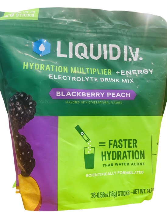 Liquid I.V. 26 Sticks Hydration Multiplier + Energy Electrolyte Drink Mix, Blackberry Peach