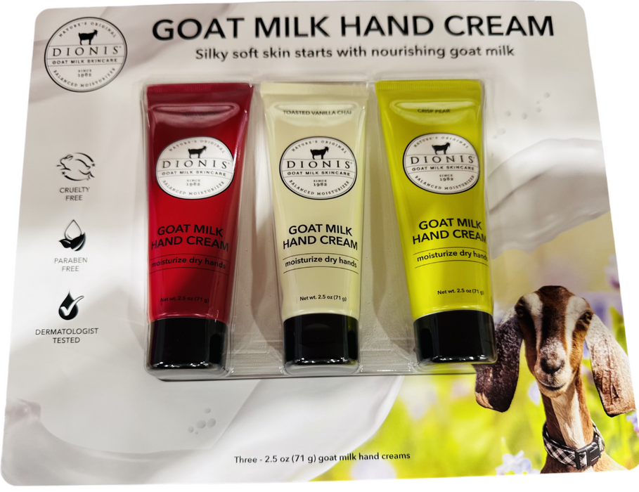 Dionis Goat Milk Hand Cream Trio 3-Pack 2.5oz Each, Moisturizes Dry Hands