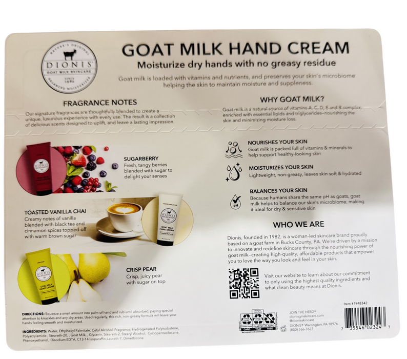 Dionis Goat Milk Hand Cream Trio 3-Pack 2.5oz Each, Moisturizes Dry Hands