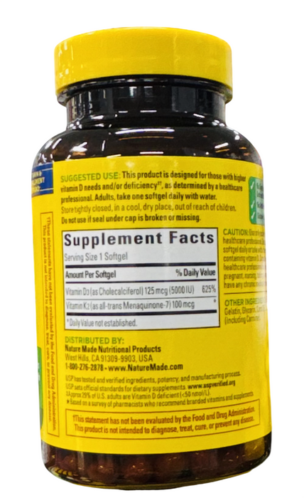 Nature Made 90 Count Vitamin D3 5000 IU + K2 100 mcg Softgels