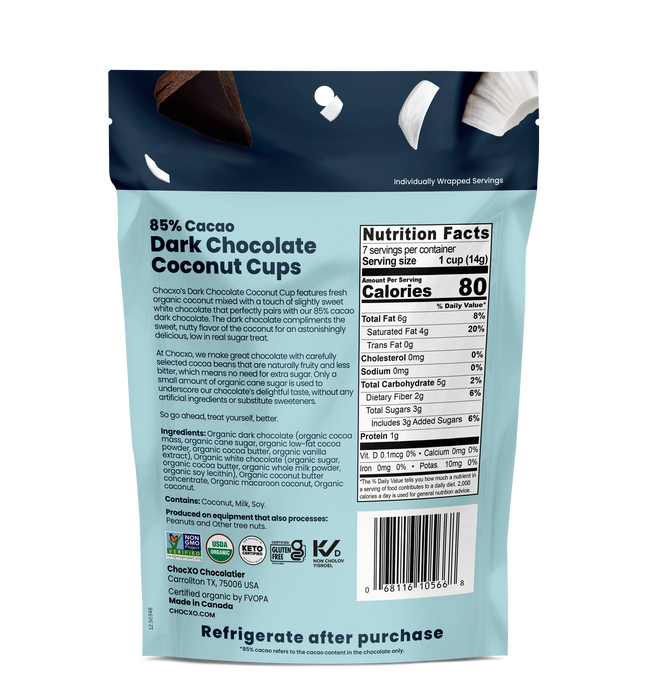 ChocXo  Dark Chocolate Coconut Cups  14.8 oz. (420 g)