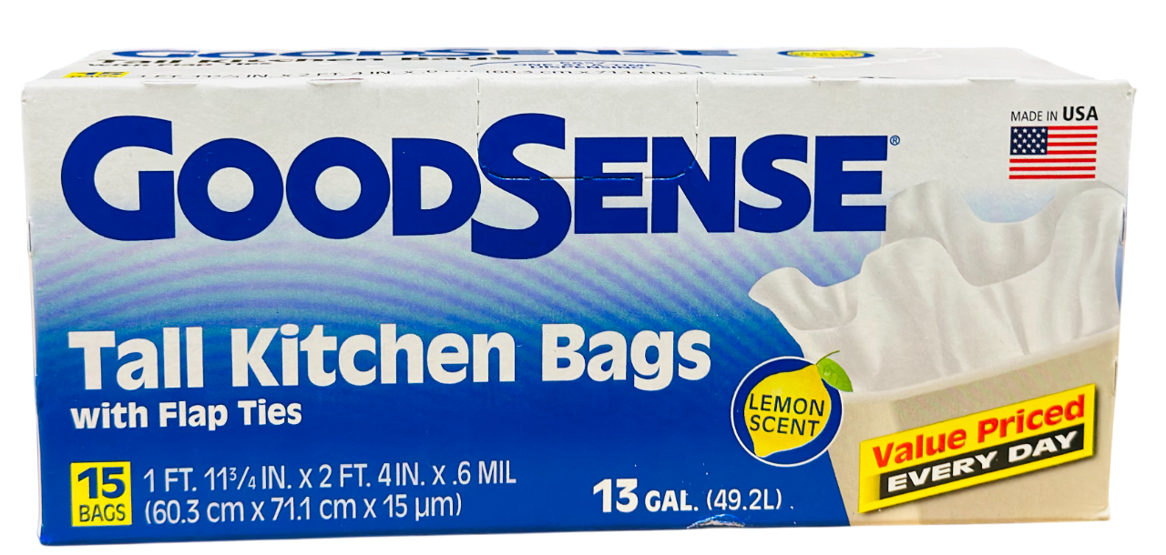 GoodSense 15ct Tall Kitchen Bags with Flap Ties, 13 Gallon, Lemon Scent