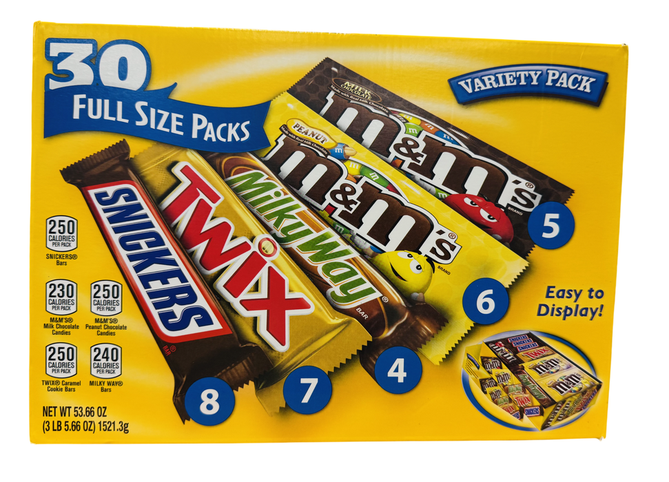 30 Count Full Size Candy Variety Pack – SNICKERS, M&M’S, TWIX & MILKY WAY, 53.66 oz