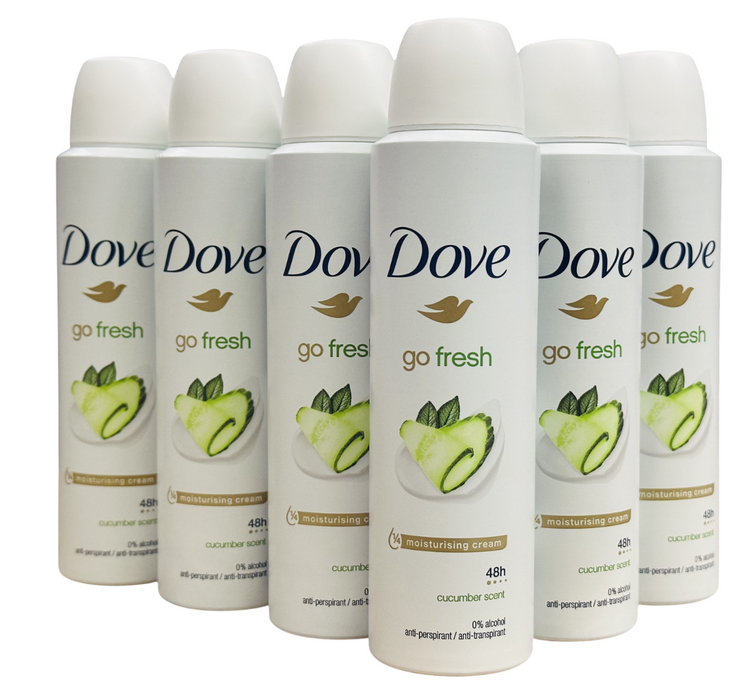 Six Dove go fresh cucumber & green tea deodorants on a white background