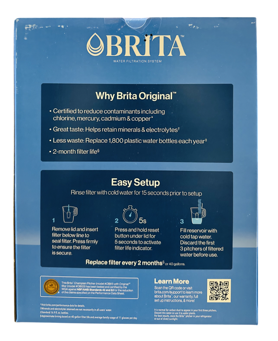 Brita 10-Cup Capacity Original Water Filtration Pitcher,  (1 Pitcher + 2 Filters) – SmartLight Indicator, Easy-Fill Lid