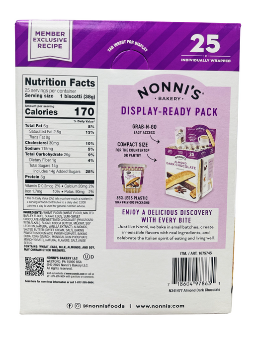 Nonni's 25ct Almond Dark Chocolate Biscotti, 2 lb 1.25 oz
