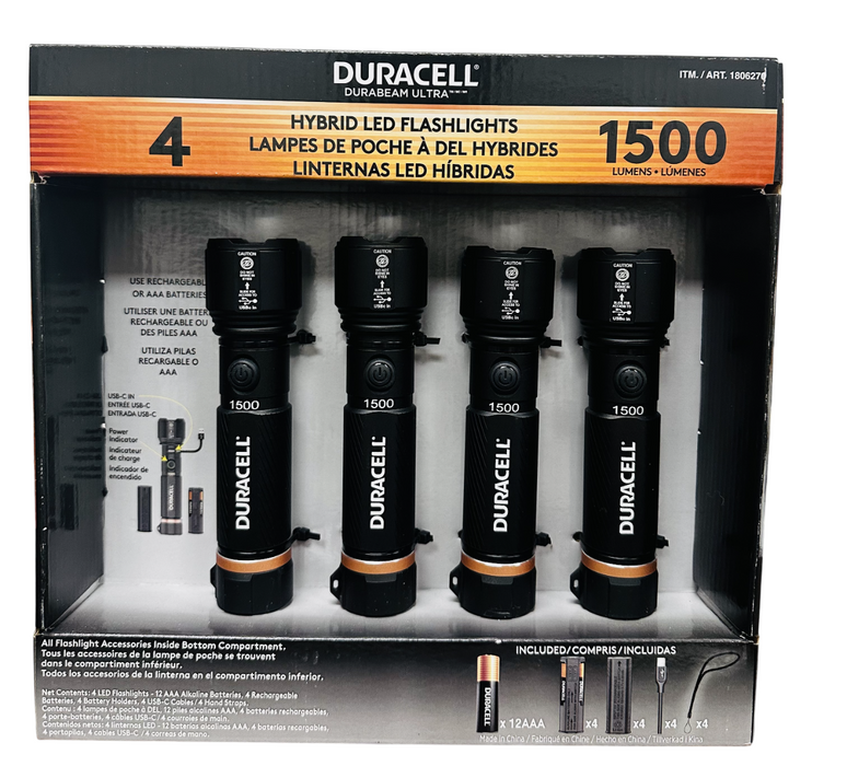 Duracell 4 Pack Hybrid LED Flashlights – 1500 Lumens, Rechargeable & AAA Compatible