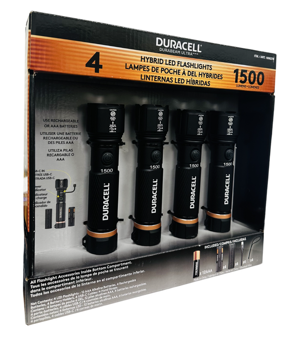 Duracell 4 Pack Hybrid LED Flashlights – 1500 Lumens, Rechargeable & AAA Compatible