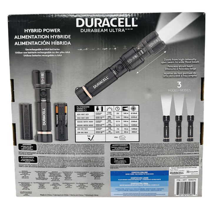 Duracell 4 Pack Hybrid LED Flashlights – 1500 Lumens, Rechargeable & AAA Compatible