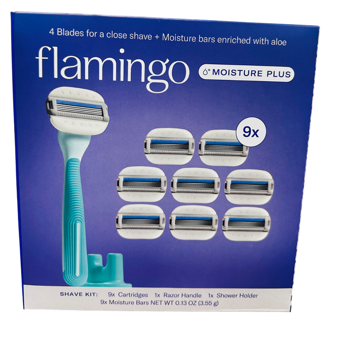 Flamingo 9ct Shave Kit – Razor Handle, 9 Cartridges & Shower Holder – 4-Blade Moisture Plus with Aloe