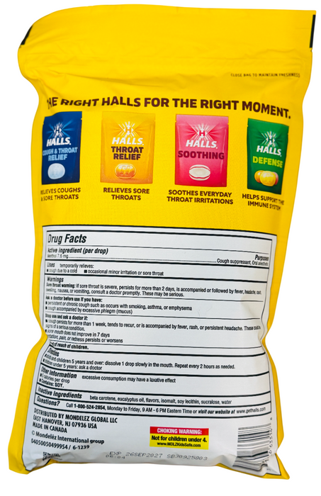 Halls 180ct Sugar-Free Honey Lemon Cough Suppressant Drops