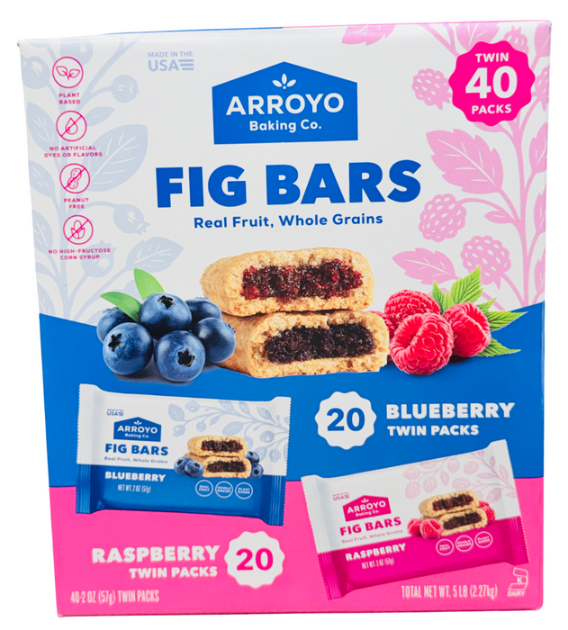 Arroyo 40ct Fig Bars Variety Pack – Blueberry & Raspberry Twin Packs, Real Fruit Whole Grain Snack Bars, 5 lb Box