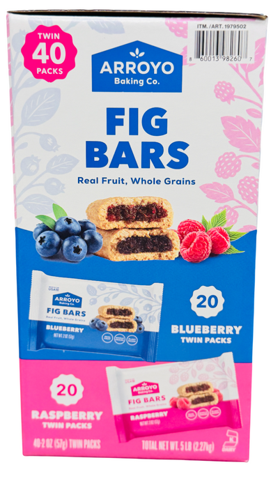 Arroyo 40ct Fig Bars Variety Pack – Blueberry & Raspberry Twin Packs, Real Fruit Whole Grain Snack Bars, 5 lb Box