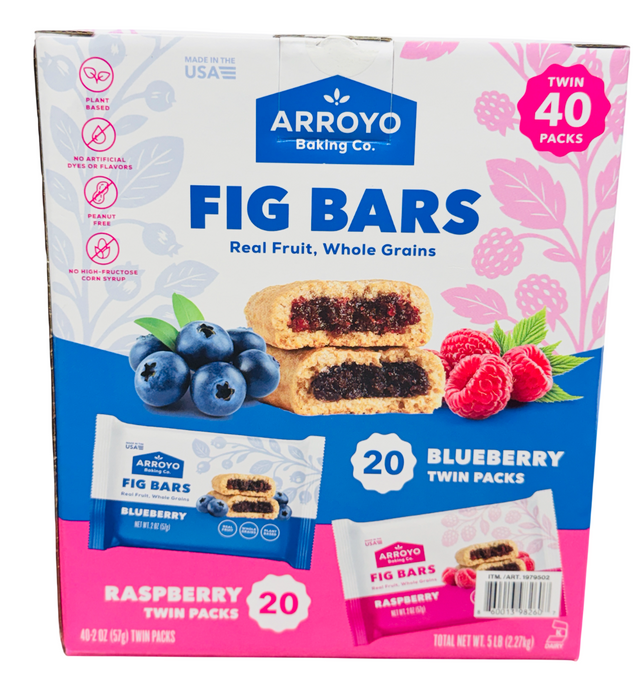 Arroyo 40ct Fig Bars Variety Pack – Blueberry & Raspberry Twin Packs, Real Fruit Whole Grain Snack Bars, 5 lb Box