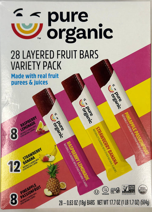 Pure 28ct Organic Layered Fruit Bars, Variety Pack, 0.63 oz,