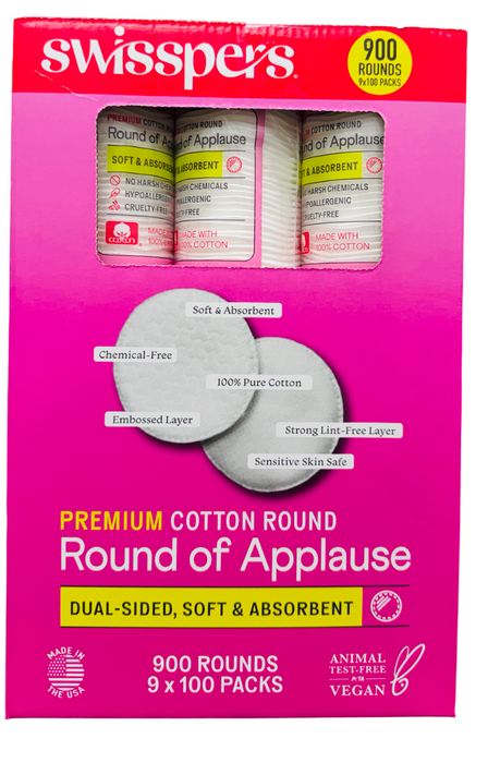 Swisspers 900ct Premium Cotton Rounds – Soft & Absorbent, Dual-Sided, 9 Packs x 100 Each