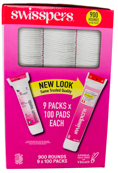 Swisspers 900ct Premium Cotton Rounds – Soft & Absorbent, Dual-Sided, 9 Packs x 100 Each