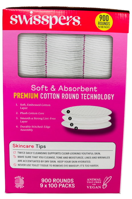 Swisspers 900ct Premium Cotton Rounds – Soft & Absorbent, Dual-Sided, 9 Packs x 100 Each