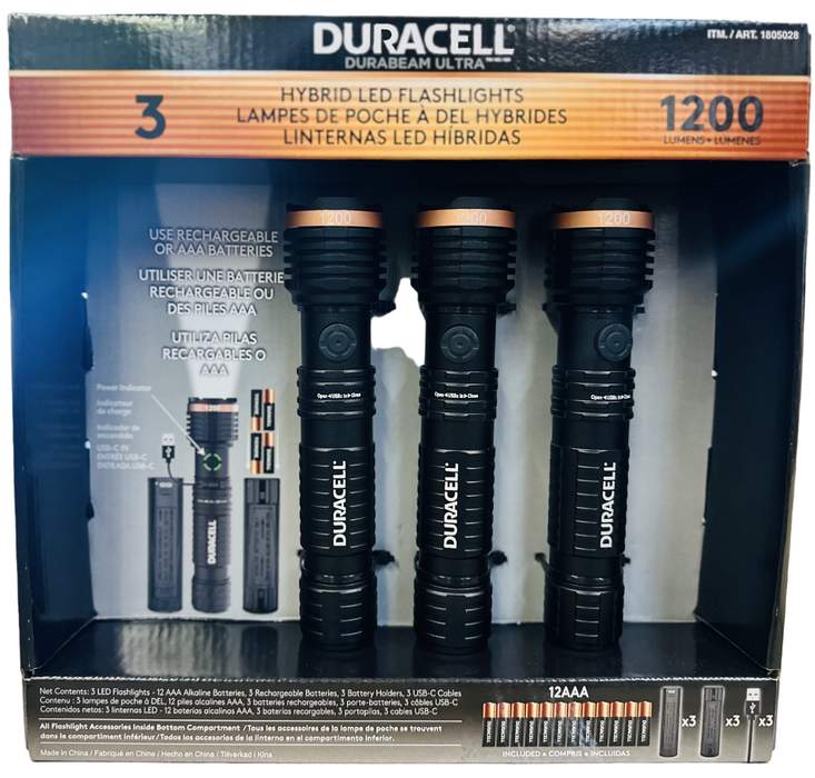 Duracell 3 Hybrid LED Flashlights 1200 Lumens - Includes 12 AAA Batteries