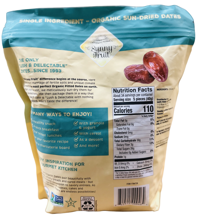 Sunny Fruit Organic Sun-Dried Pitted Deglet Nour Dates, 48 oz