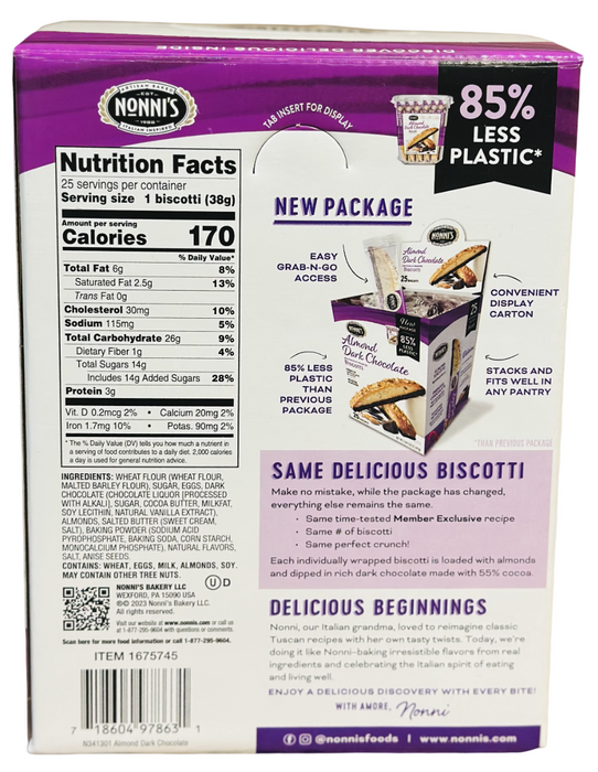 Nonni's 25ct Almond Dark Chocolate Biscotti, 2 lb 1.25 oz