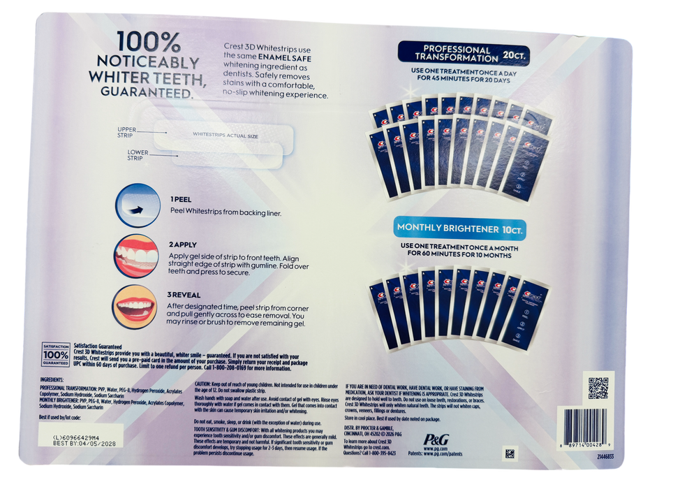 Crest 60 Count 3D Whitestrips Professional Transformation + Monthly Brightener Bonus Pack – 30 Teeth Whitening Treatments, Enamel Safe
