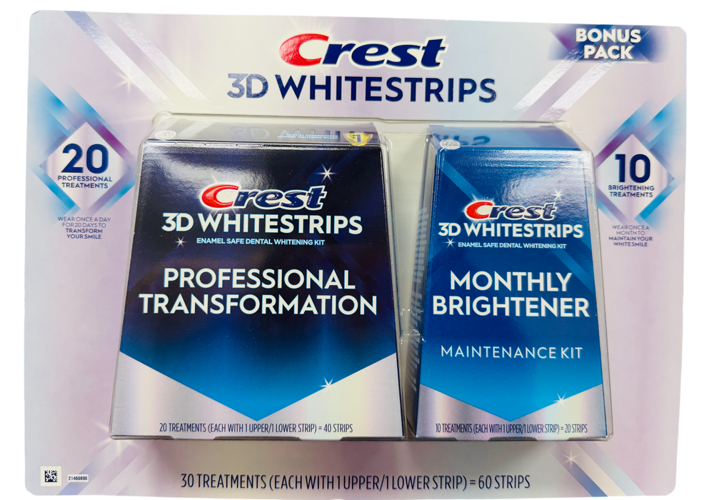 Crest 60 Count 3D Whitestrips Professional Transformation + Monthly Brightener Bonus Pack – 30 Teeth Whitening Treatments, Enamel Safe