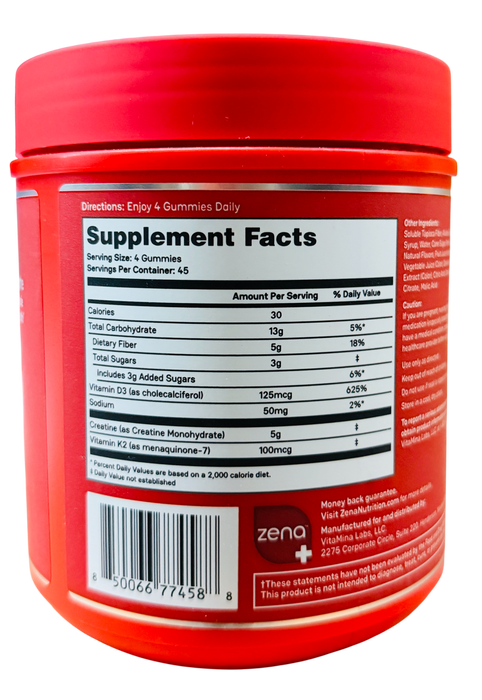 Zena Creatine Monohydrate + D3/K2 Assorted flavor Gummies, 180 Count