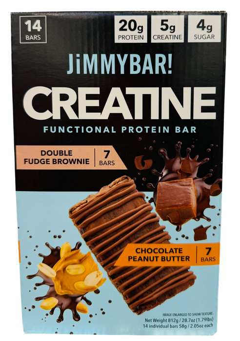 JiMMYBAR! 14 ct Creatine Functional Protein Bars Variety Pack, Double Fudge Brownie & Chocolate Peanut Butter, 28.7 oz