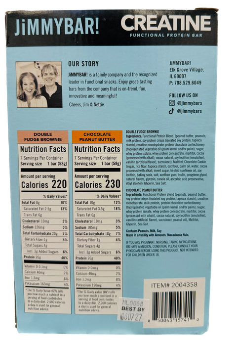 JiMMYBAR! 14 ct Creatine Functional Protein Bars Variety Pack, Double Fudge Brownie & Chocolate Peanut Butter, 28.7 oz