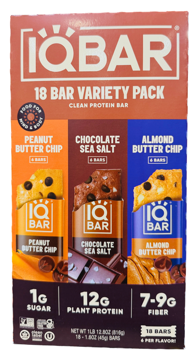 IQBAR 18 Count Clean Protein Bar Variety Pack, Peanut Butter Chip, Chocolate Sea Salt & Almond Butter Chip
