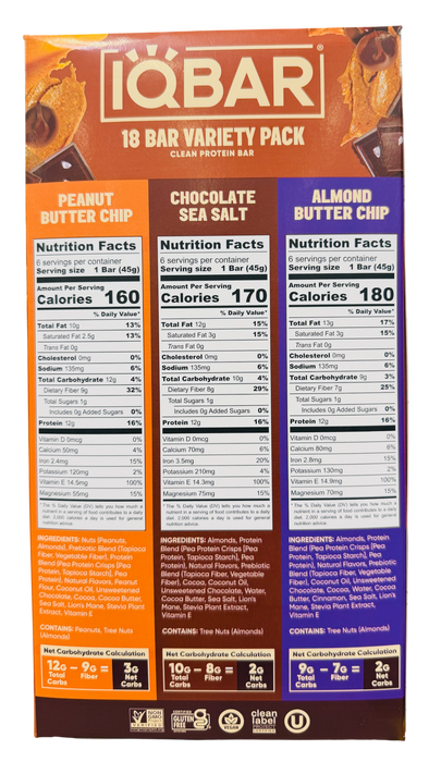 IQBAR 18 Count Clean Protein Bar Variety Pack, Peanut Butter Chip, Chocolate Sea Salt & Almond Butter Chip