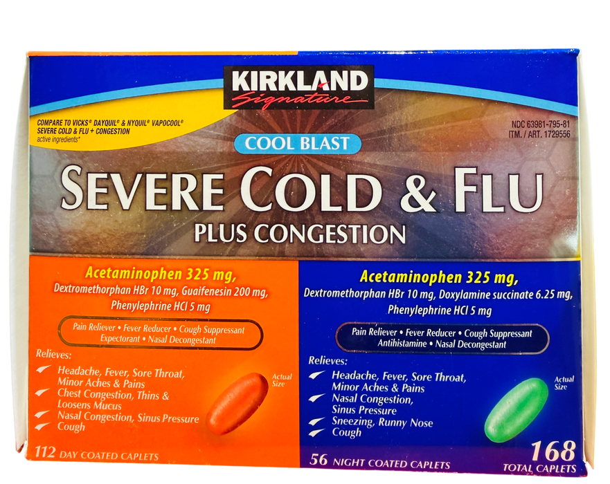 Kirkland Signature 168 Count Severe Cold & Flu Plus Congestion Day & Night Caplets, Cool Blast