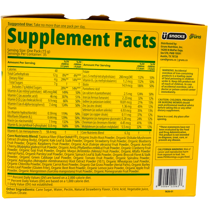 Kids Grüns 35 Daily Packs Superfoods Greens Gummies, Strawberry Burst, 1.16 lb