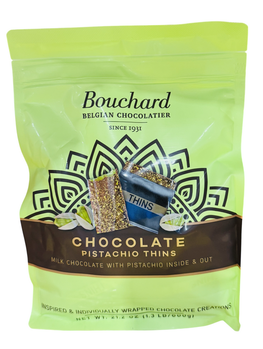 Bouchard 21.2oz Chocolate Pistachio Thins – Milk Chocolate with Pistachio Inside & Out