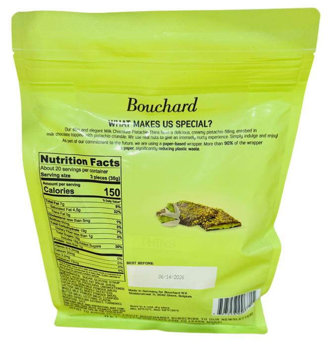 Bouchard 21.2oz Chocolate Pistachio Thins – Milk Chocolate with Pistachio Inside & Out
