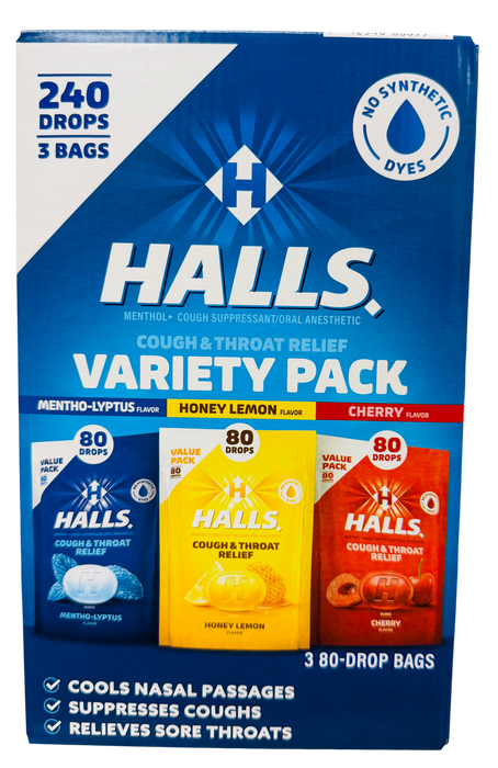Halls 240 Count Cough & Throat Relief Variety Pack, Mentho-Lyptus, Honey Lemon & Cherry, 3 Bags of 80 Drops