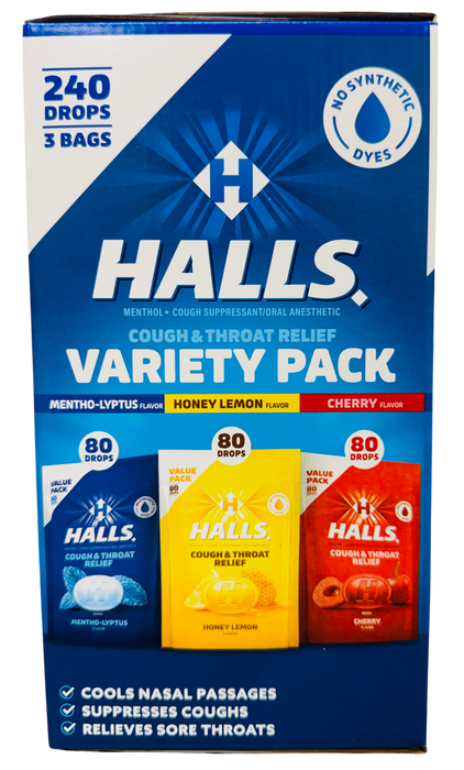 Halls 240 Count Cough & Throat Relief Variety Pack, Mentho-Lyptus, Honey Lemon & Cherry, 3 Bags of 80 Drops