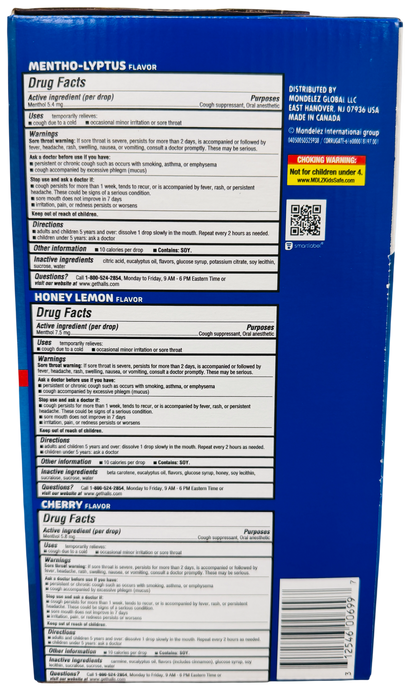 Halls 240 Count Cough & Throat Relief Variety Pack, Mentho-Lyptus, Honey Lemon & Cherry, 3 Bags of 80 Drops