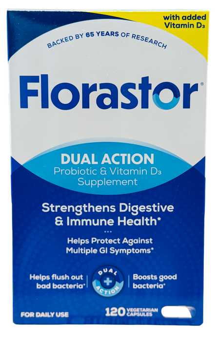 Florastor 120 Count Dual Action Probiotic & Vitamin D3 Supplement, Vegetarian Capsules