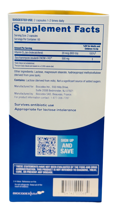 Florastor 120 Count Dual Action Probiotic & Vitamin D3 Supplement, Vegetarian Capsules