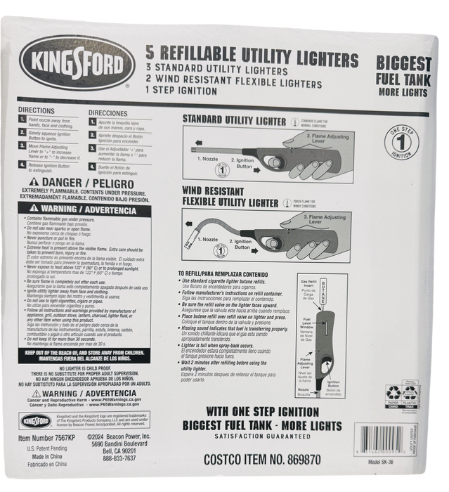 Kingsford Refillable Utility Lighters Value Pack (5 Pack) - 3 Standard & 2 Wind Resistant Flexible Lighters