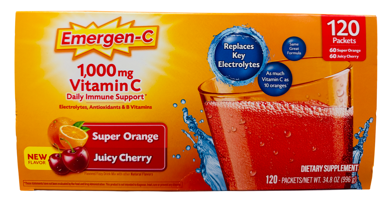 Emergen-C Vitamin C Fizzy Drink Mix Variety Pack – Super Orange & Juicy Cherry; Exp: 08/27