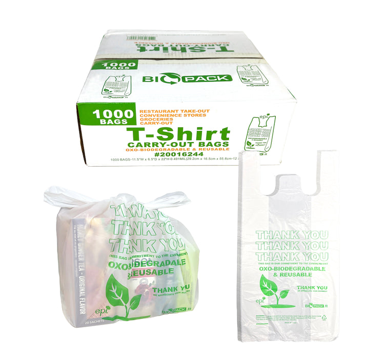 Thank You T-Shirt Bags Biodegradable & Reusable Carry-Out Bags 1000CT  (11.5” x 6.5” x 22”)