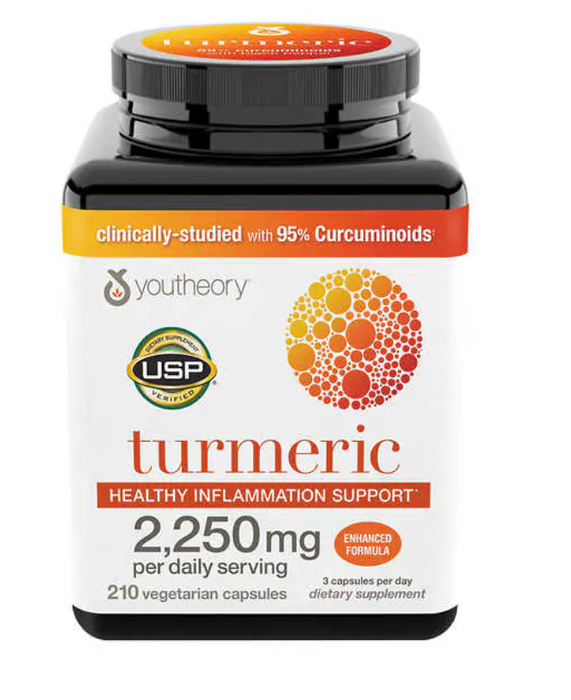 youtheory Turmeric 210 capsules Extra Strength Formula 2,250 mg.