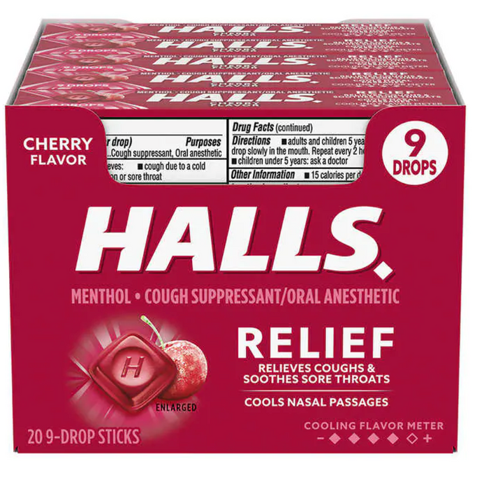 Halls Cough Drops, Cherry, 9-count, 20-pack