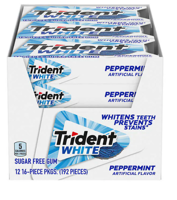 Trident Sugar-Free Gum, White Peppermint, 12 Packs of 16 Pieces