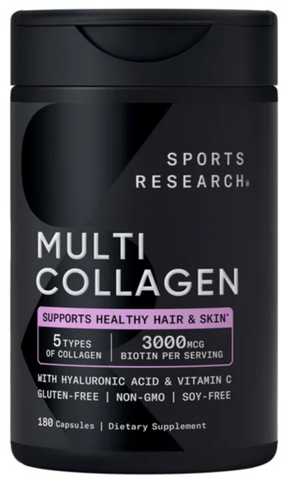 Sports Research 180ct Multi Collagen with Hyaluronic Acid, Vitamin C & 3000 mcg Biotin Capsules
