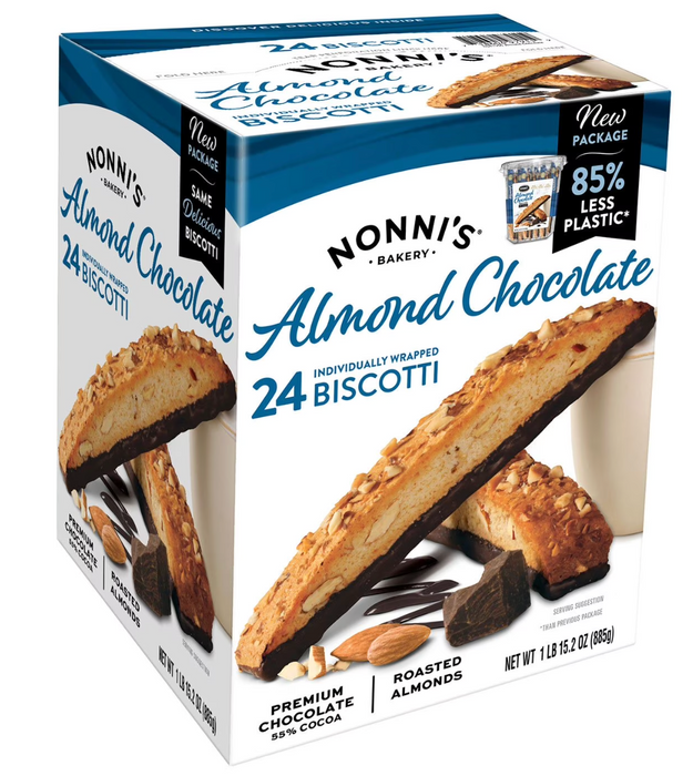 Nonni’s Almond Chocolate Biscotti 24ct – Individually Wrapped Biscotti with Roasted Almonds